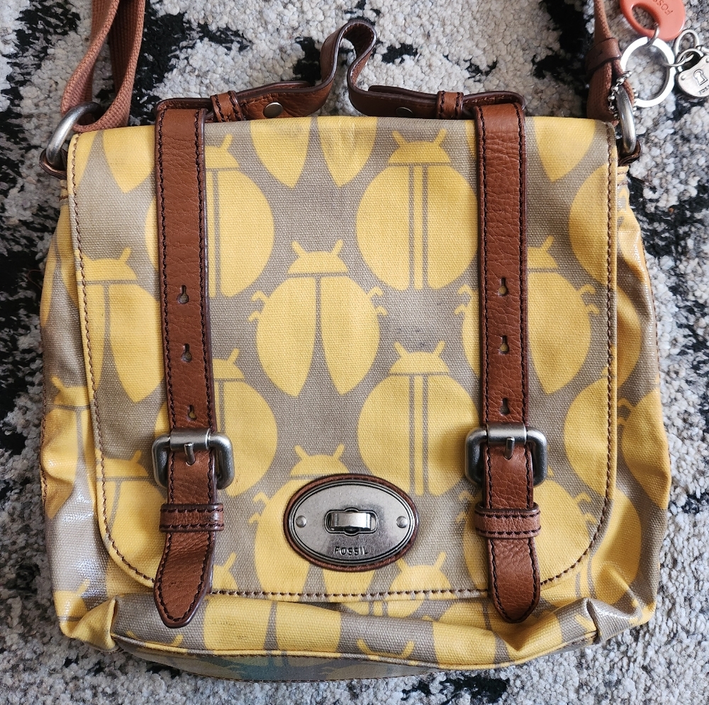 Fossil Key-Per Yellow Beetle Ladybug Coated Canvas Crossbody Messenger pursecap